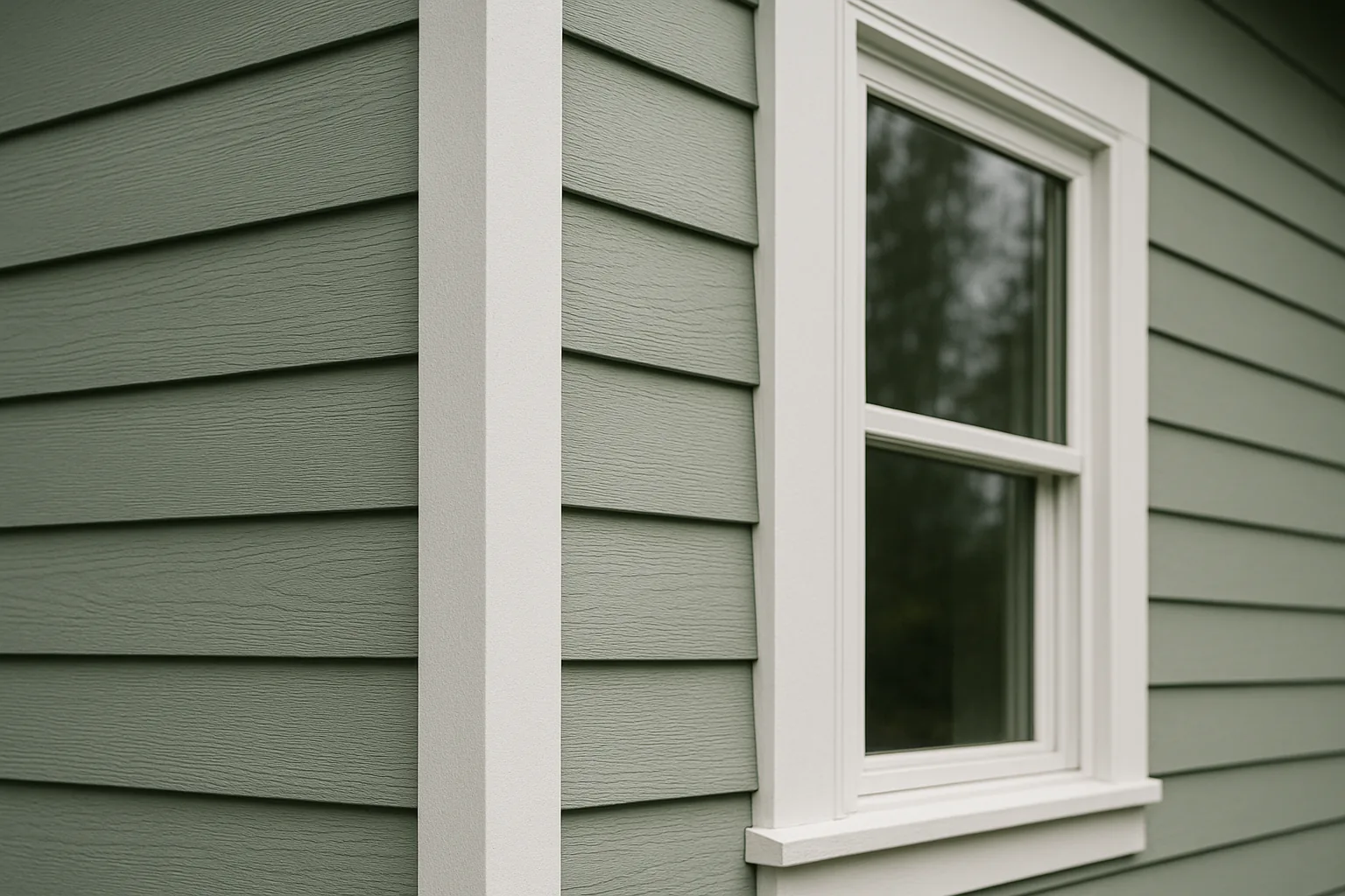 Close view of crisp fiber cement lap siding with clean trim on a valley home